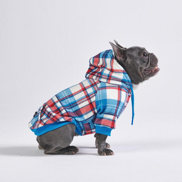  Sudadera con capucha para perro a cuadros azul y rojo