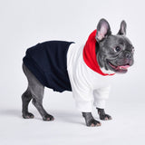 Sudadera con capucha para perro roja, blanca y azul marino