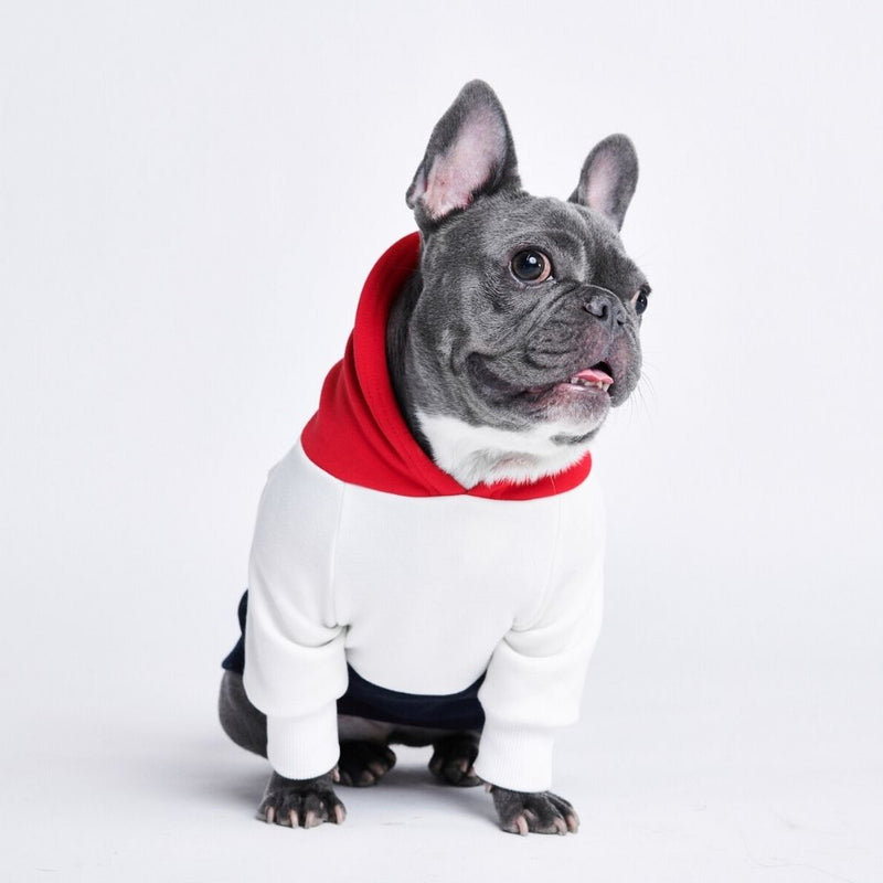 Sudadera con capucha para perro roja, blanca y azul marino